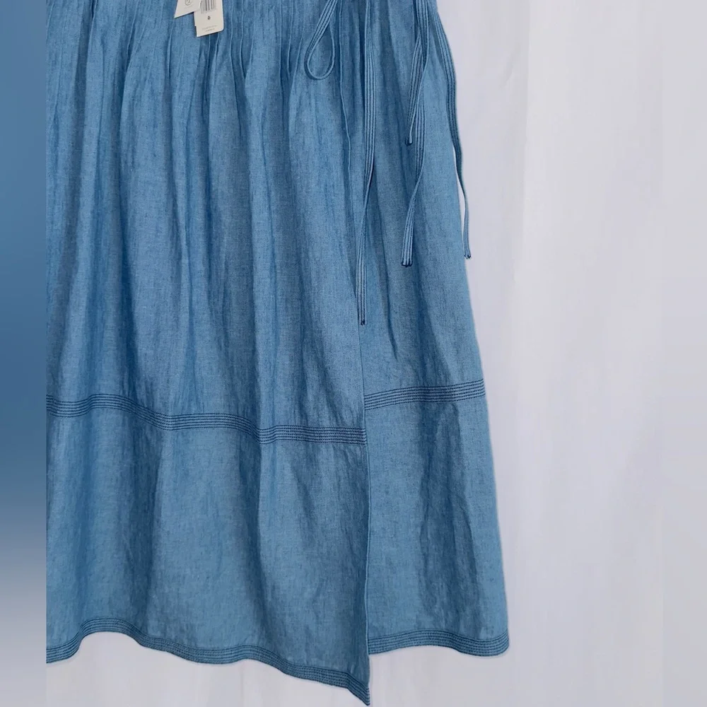 Tory Burch NWT Chambray linen blend pleated tiered wrap side tie midi skirt 6